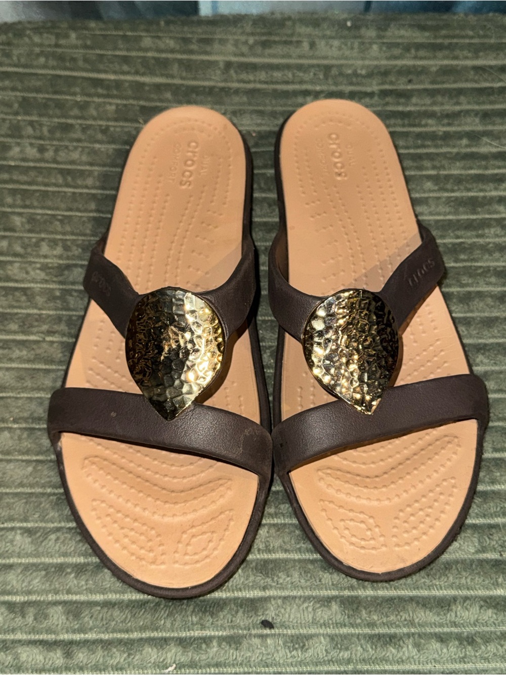 CROCS Women's Chocolate Brown and Tan Flip Sandals with Decorative Accent - Picture 2 of 3